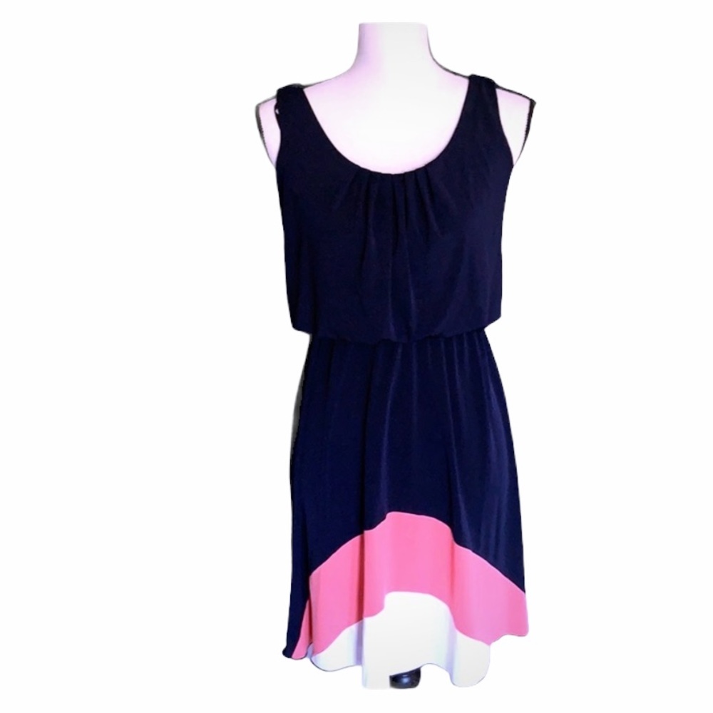 Enfocus Studios Navy & Coral Geometric Sleeveless Fit & Flare Dress Sz 6